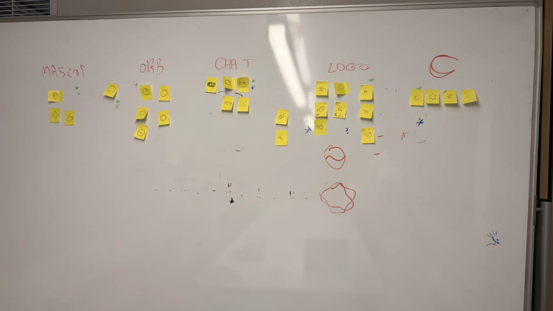 A whiteboard of sticky-note icon sketches.