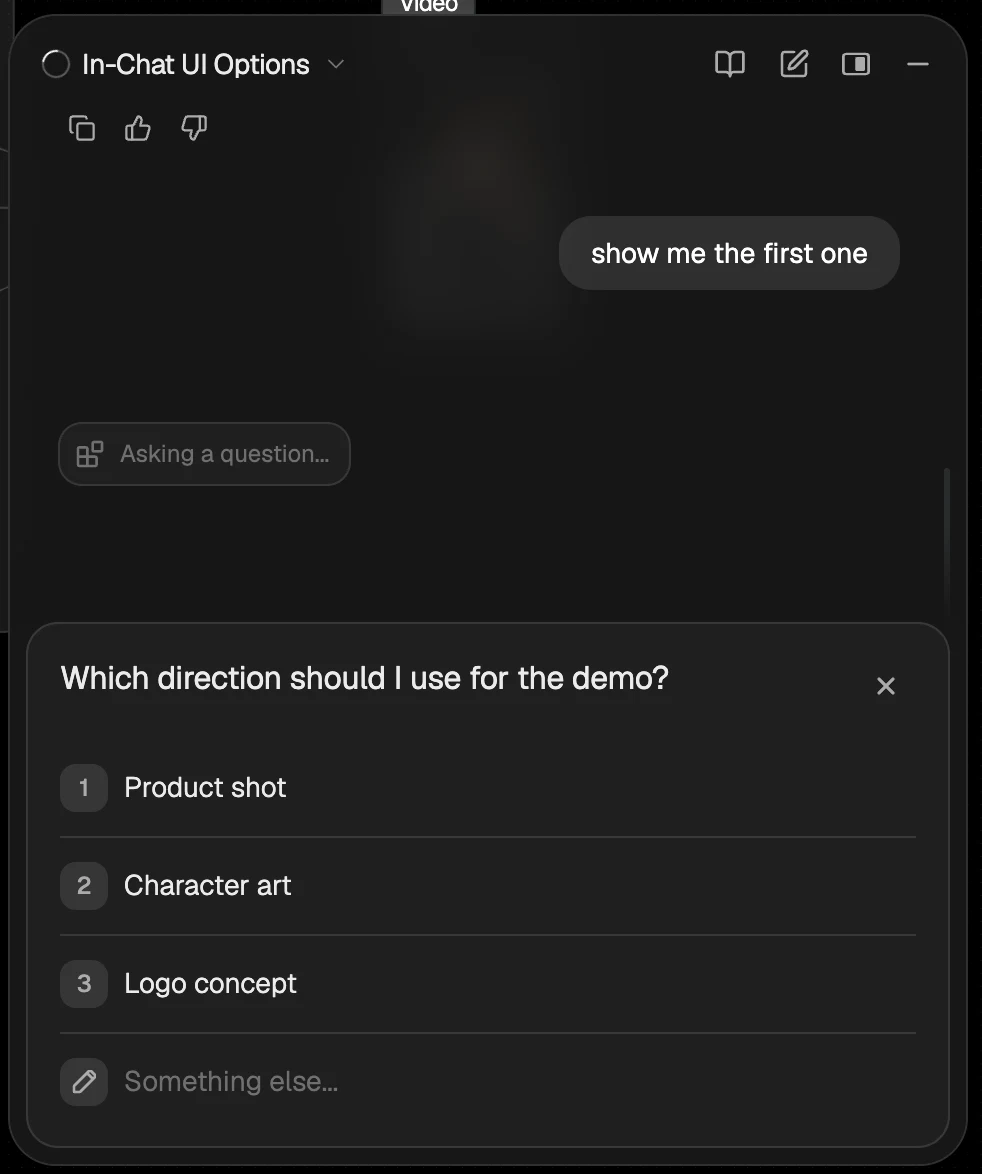 Flora asking which direction to use, with three numbered choices and “Something else”.