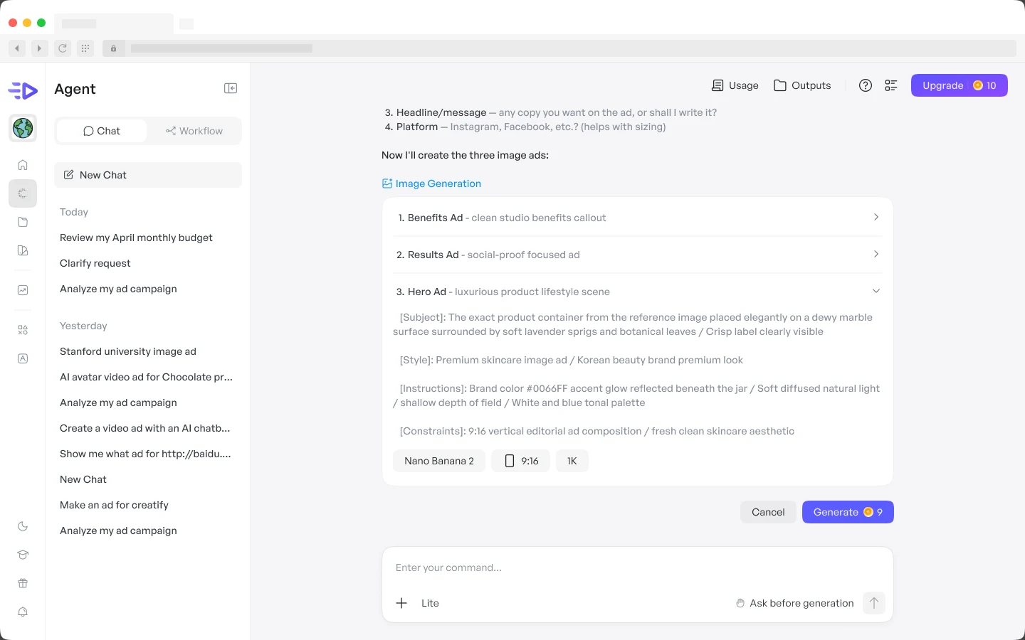 Before: Agent asks for the product, URL, headline and platform in one long numbered message.