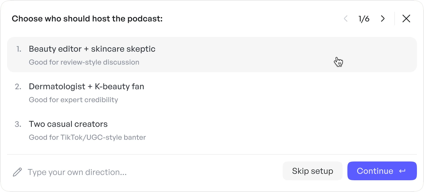 A single-choice card: three options for who should host the podcast.