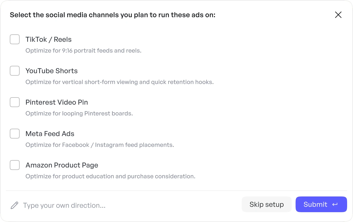 A multi-select card: checkboxes for the social channels to run the ads on.