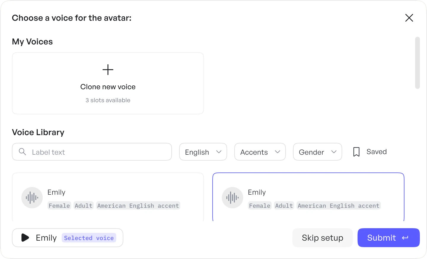 A compact voice picker: clone a voice or pick one from the library.