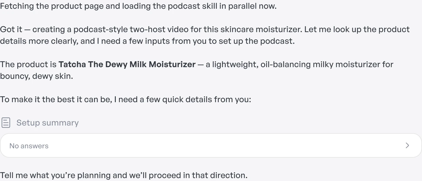 Back in the chat after closing the card, with an empty setup summary.