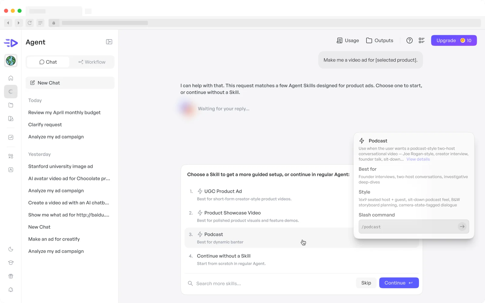 Agent recommending a few matching Skills in a choice card, with one Skill’s details shown on hover.