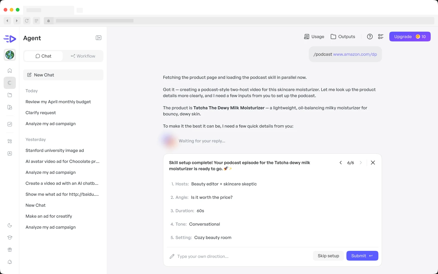 The finished setup summary in the chat: hosts, angle, duration, tone and setting, ready to submit.