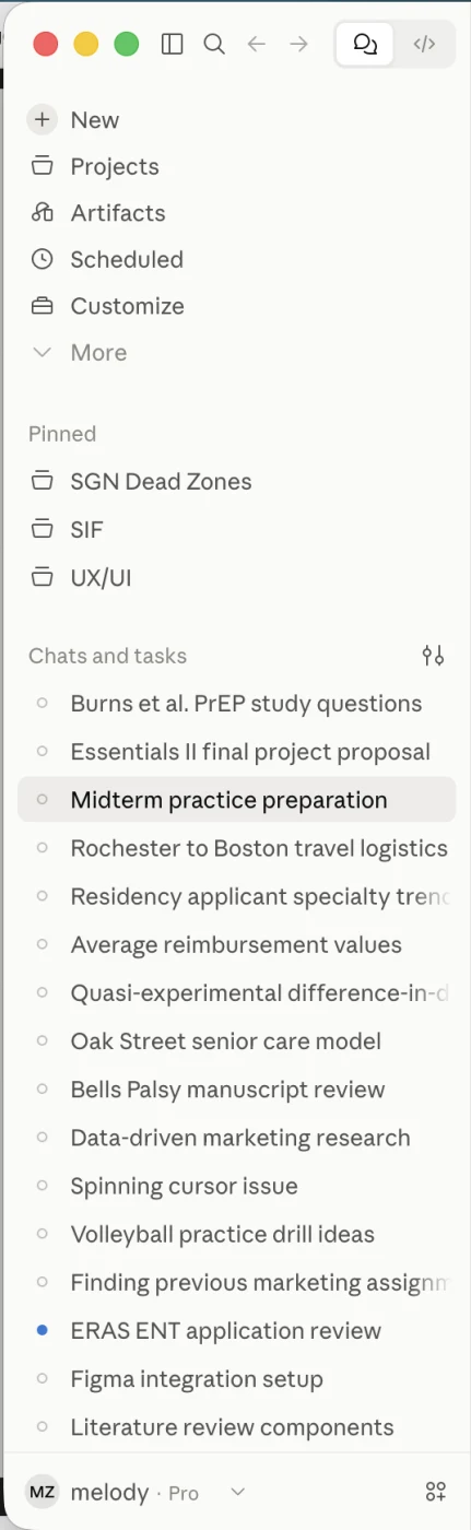 Claude’s sidebar: actions at the top, pinned items, then chats and the account at the bottom.