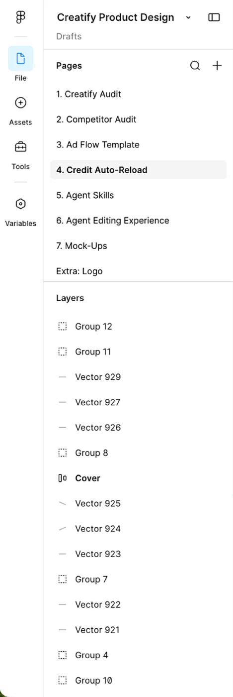 Figma inside a file: a thin icon rail, with the file’s pages and layers in the sidebar beside it.