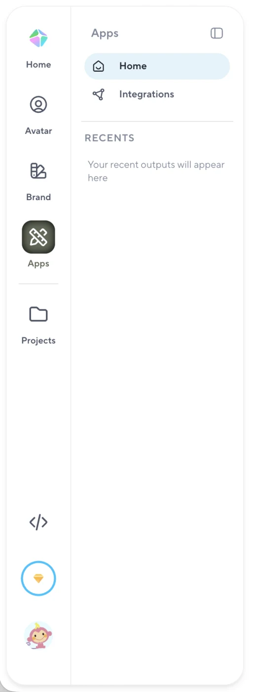 HeyGen: a compact icon rail with a separate sidebar for the Apps section.