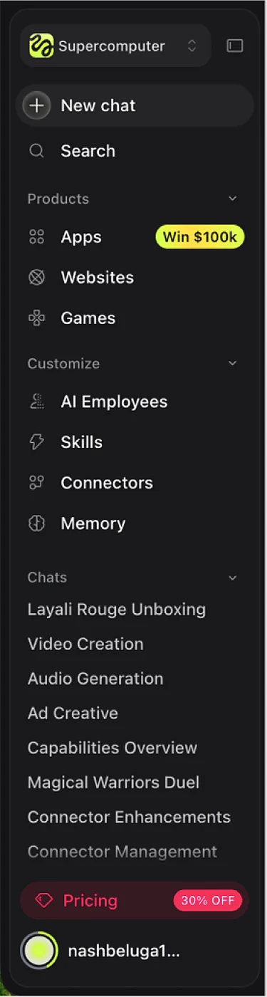 Higgsfield’s single dark sidebar: products, customize options and chat history together.