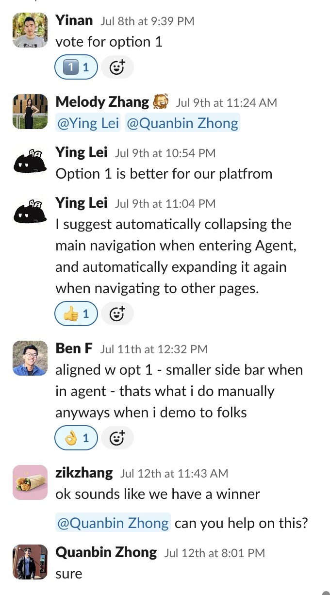 A Slack thread: teammates vote for option 1, the contextual rail, and an engineer agrees to build it.