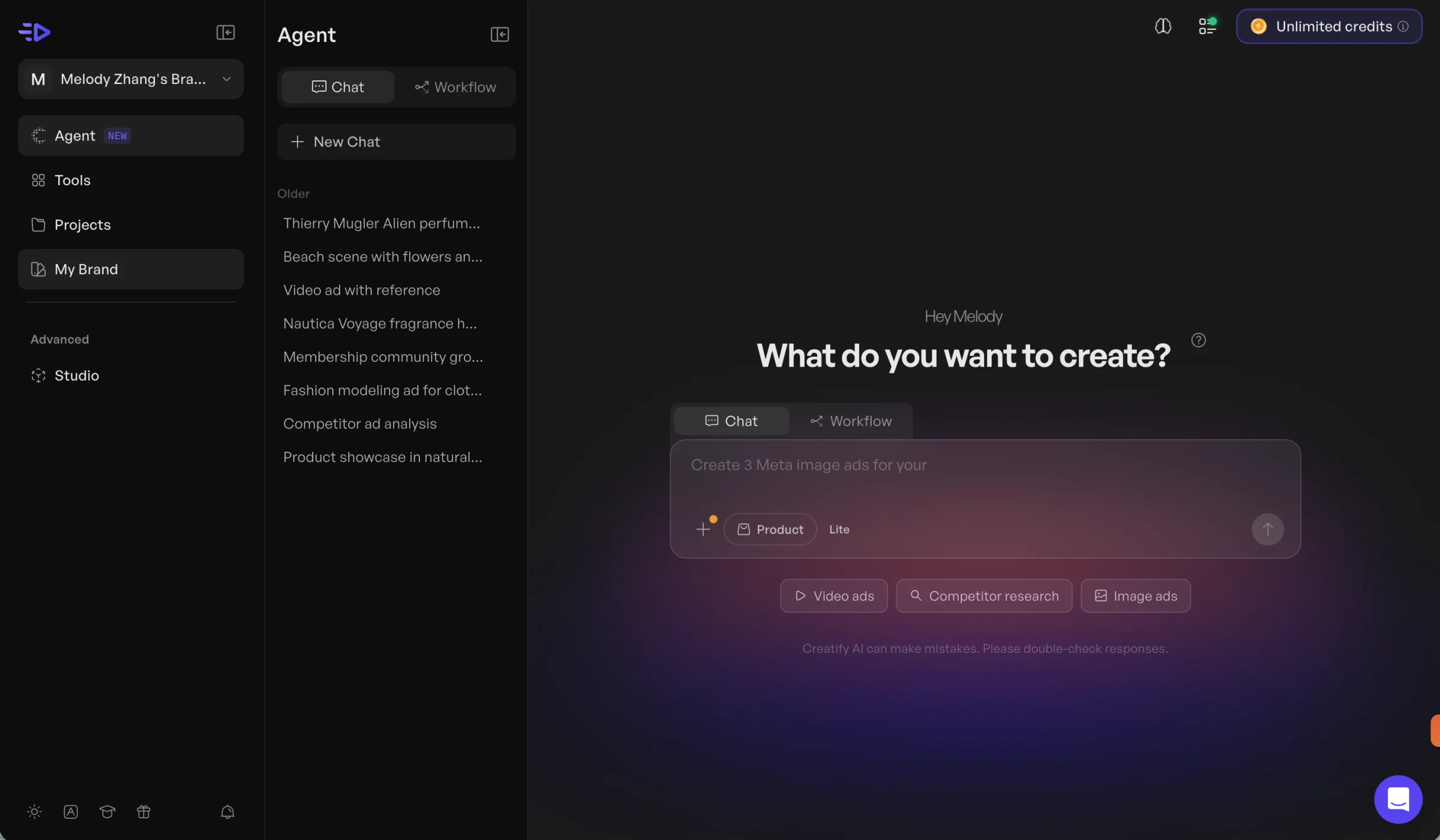Agent V1: a dark screen with a purple and pink glow behind a “What do you want to create?” prompt box.