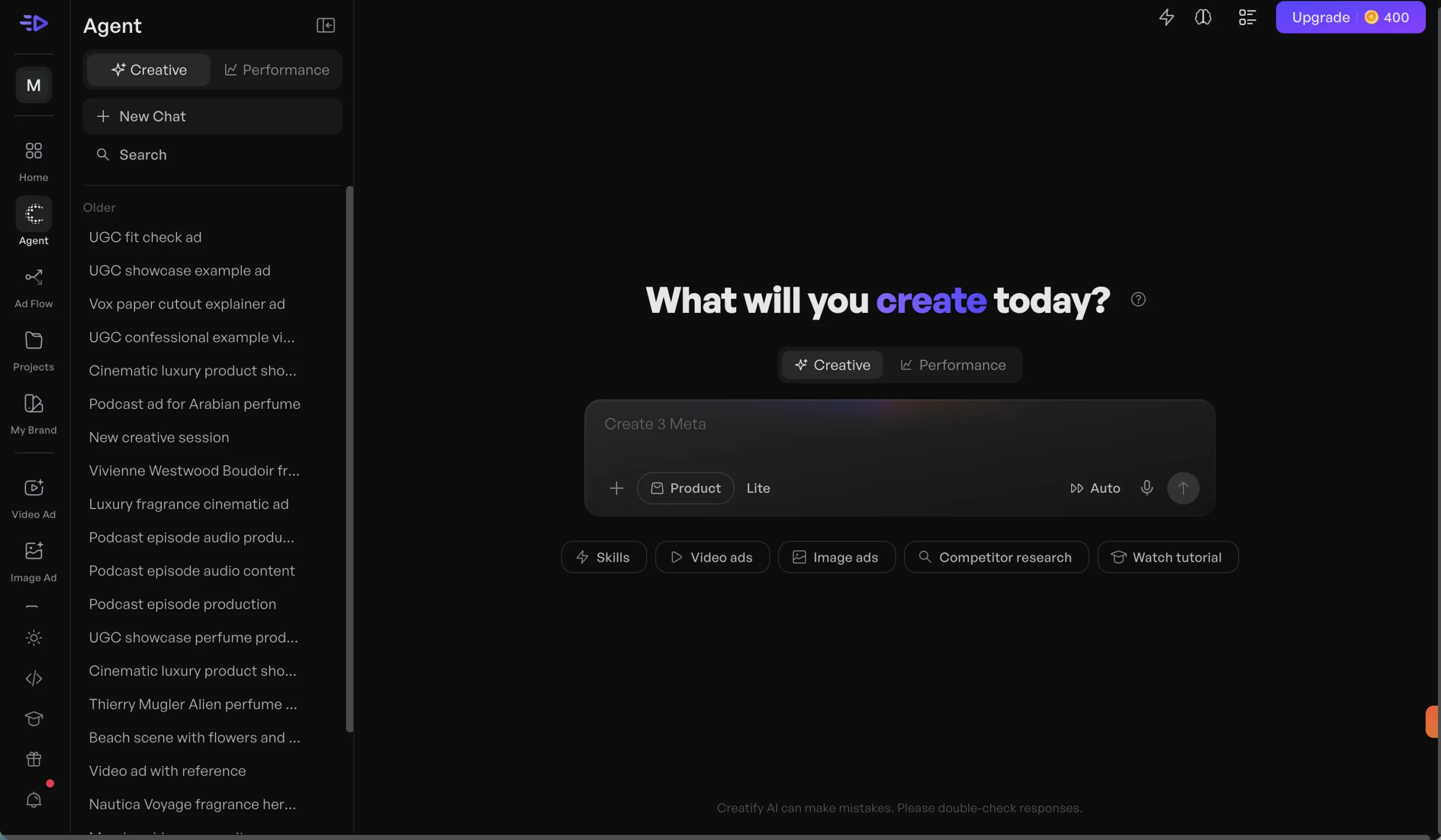 Agent V2: a flat dark screen with a “What will you create today?” heading and an empty prompt box.