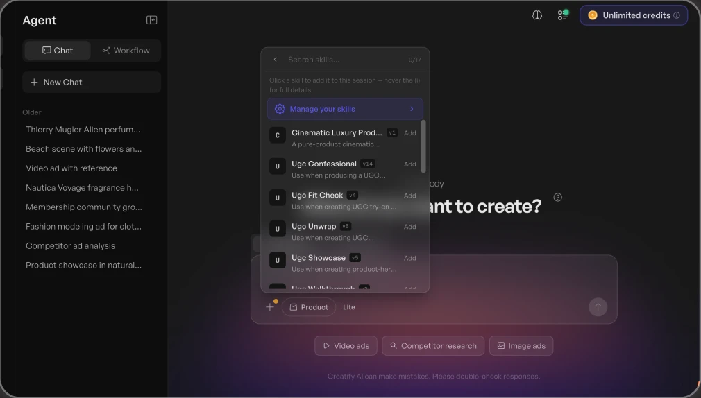 Creatify (Agent V1): Skills as a text list inside a menu.