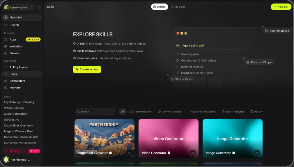Higgsfield: Skills as a browsable, visual page with image cards.