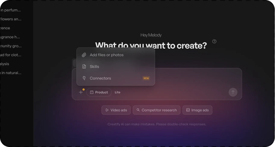 Agent V1: the unlabeled + menu open above the prompt box.