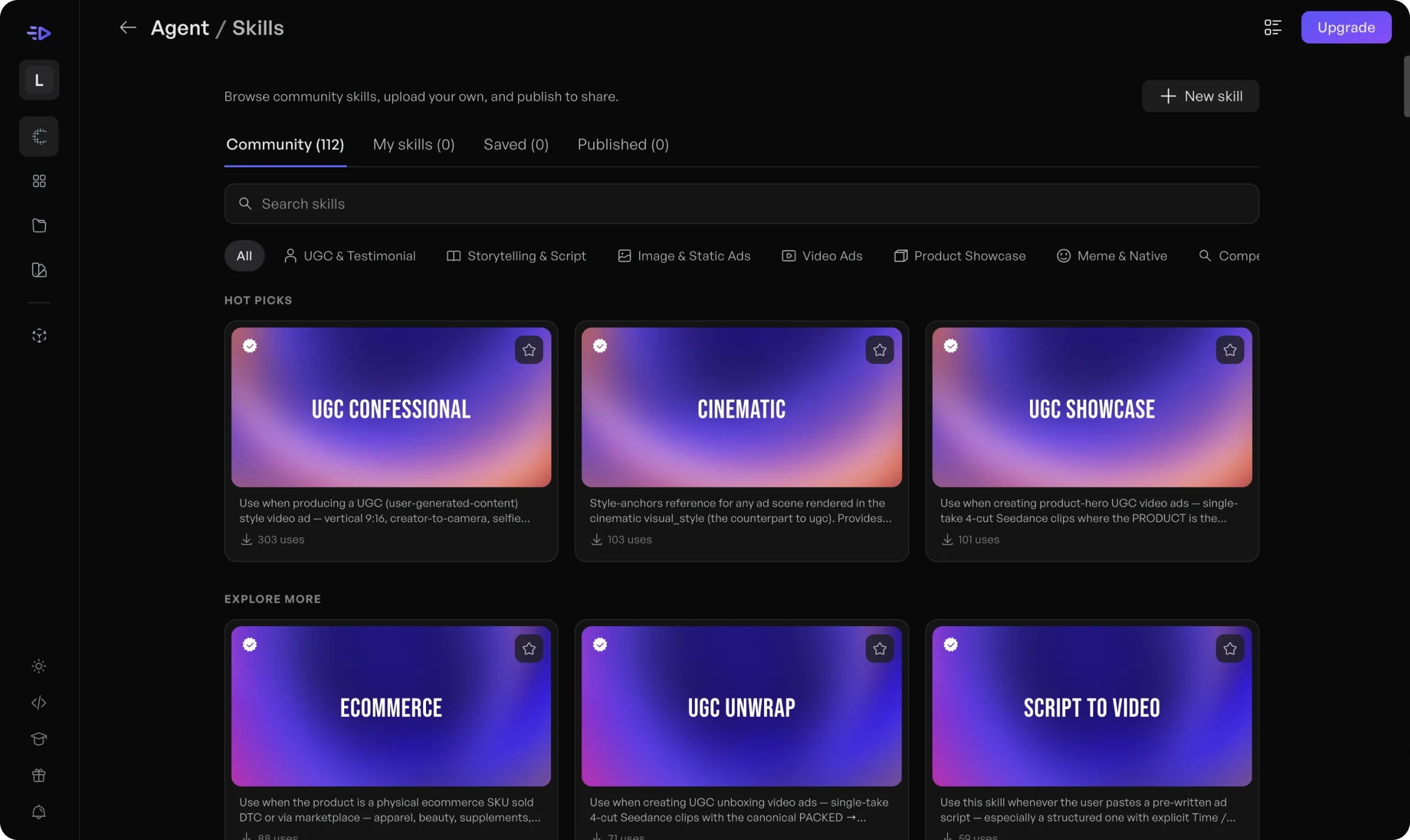 The first Skills gallery: category chips, a Hot picks row and an Explore more grid, every card sharing one thumbnail.