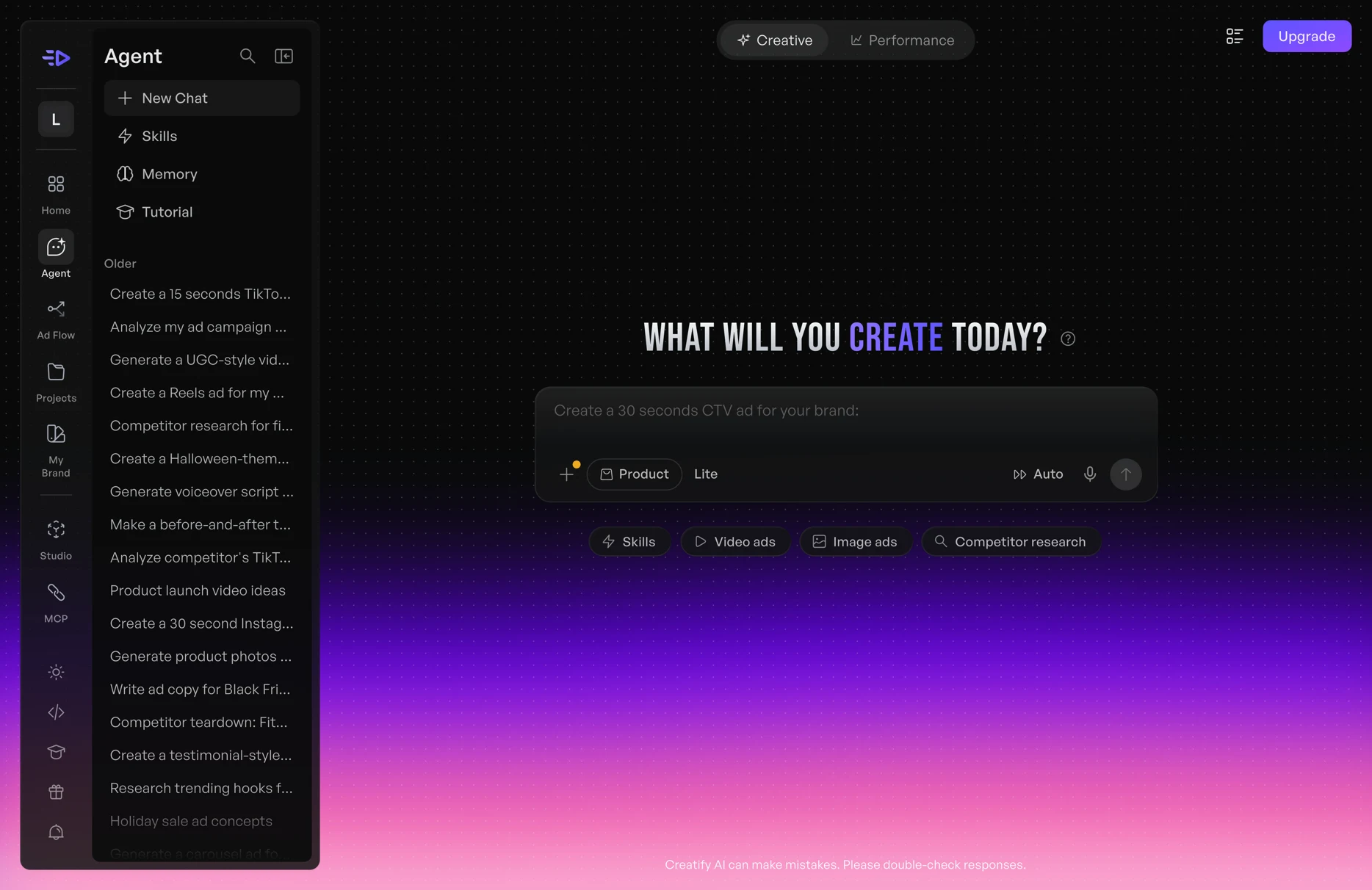 Direction A: the familiar Agent homepage with a refined purple-to-pink gradient, the heading, composer and prompt chips.