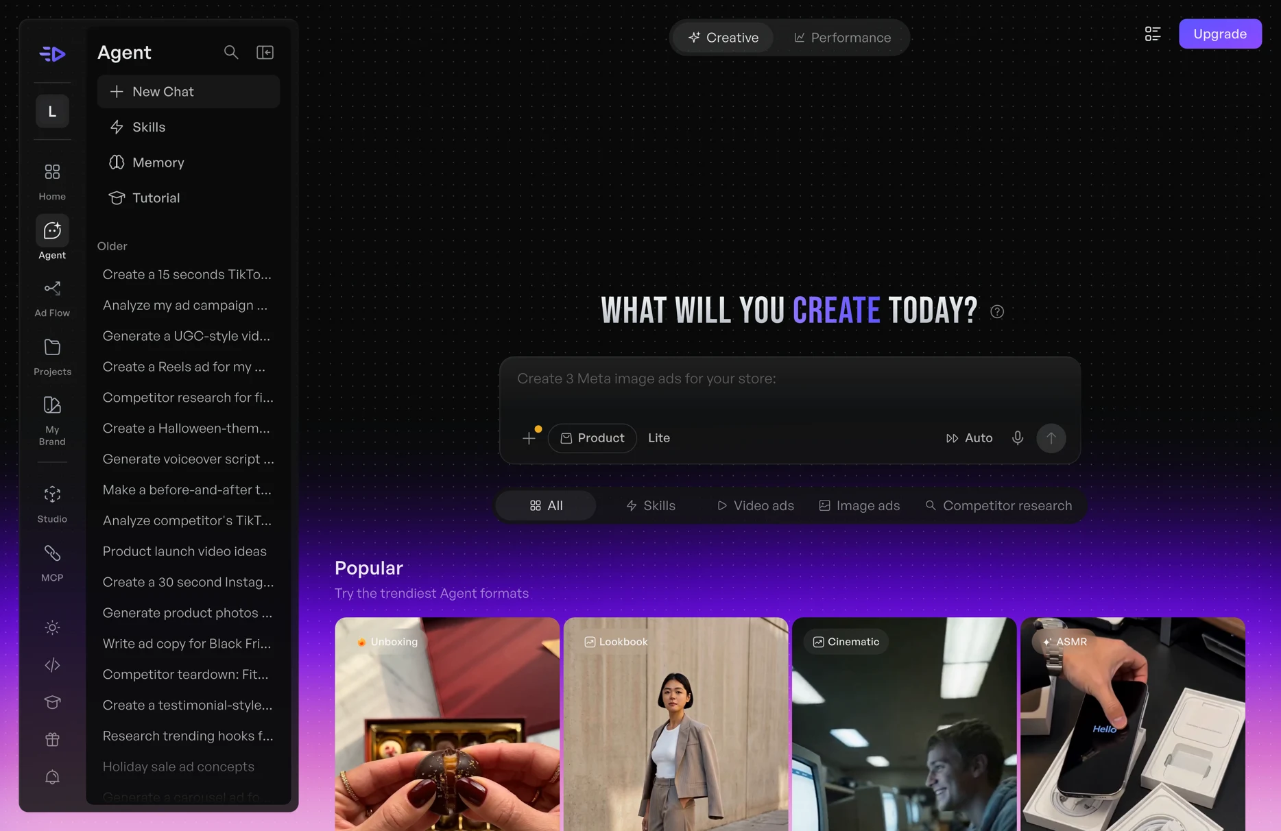 Direction B: the Agent homepage with category tabs under the composer and a row of popular example outputs.